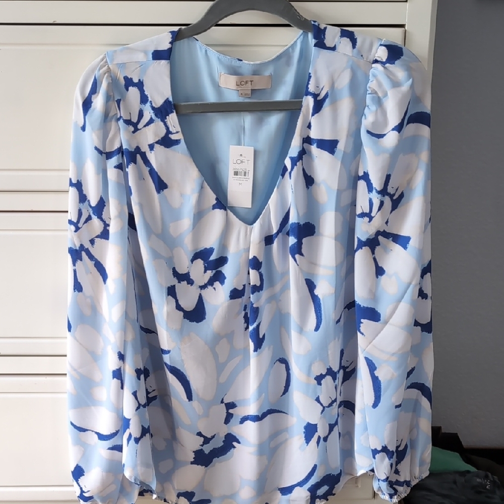 LOFT Blue Graphic Long Sleeve Blouse